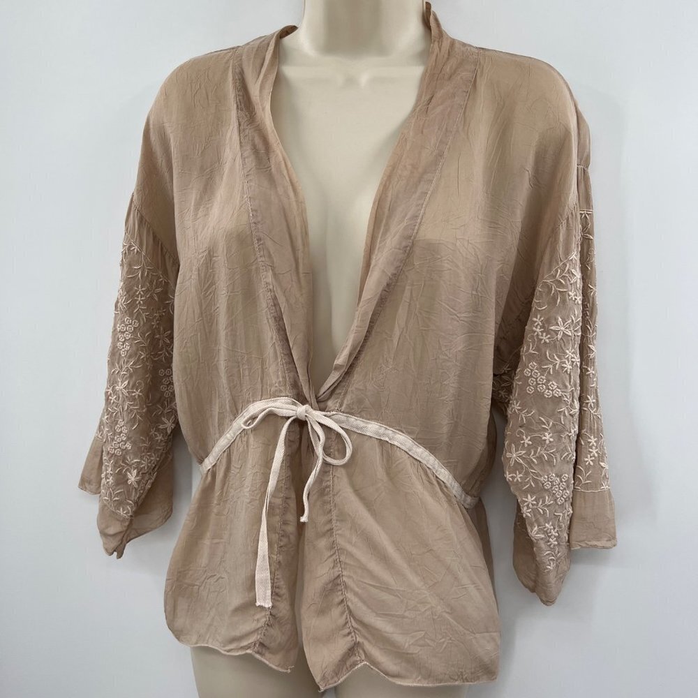 Johnny Was Women's Brown Lace 3/4 Sleeve V-Neck Belted Top Blouse Size XS - Picture 1 of 12